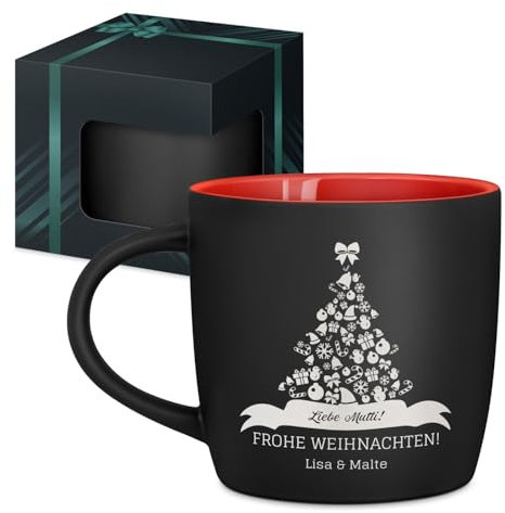 Maverton Keramik Kaffeebecher 400ml mit Gravur - personalisierte Kaffeetasse aus Matt Keramik mit Henkel für Frauen zum Geburtstag zu Weihnachten - Trinkbecher matt schwarz - Innen rot - Baum
