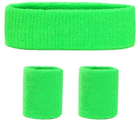 3-Set Schweißbänder Stirnband Armbänder Retro neon 80er 90er Outfit Sport Karneval Accessoires (Grün)