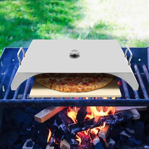 Pizzaofen Outdoor mit Pizzastein und Thermometer, Pizzaaufsatz für Gasgrill, BBQ Pizzaofen Edelstahl für die meisten Gasgrills, Flat-Top-Grills, zum Backen von 12-Zoll Großen Pizzen