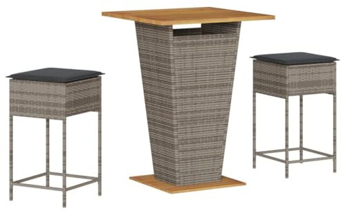 vidaXL Gartenbar Set 3-TLG., Gartenmöbel mit Kissen, Bartisch Stehtisch Barhocker Barstuhl, Theke Bar Tresen Gartentheke Sitzgruppe, Grau Poly Rattan
