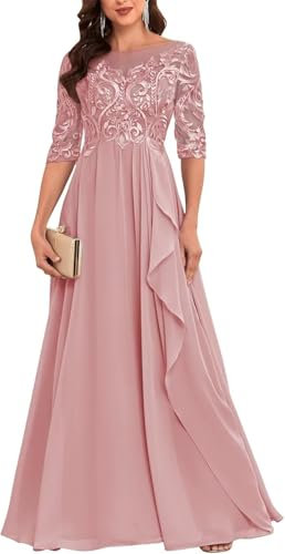 YIANN Robe de mère de la mariée à manches mi-longues en dentelle et mousseline de soie pour femme, robe formelle pour invitée de mariage, vieux rose, 44