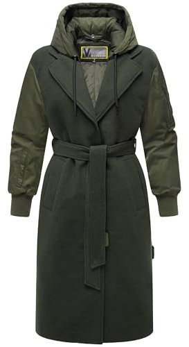 MARIKOO Damen warmer langer Übergangsmantel in angesagtem Materialmix mit abnehmbarer Kapuze und Binde-Gürtel Tjadee 16 Dark Olive Gr. XL