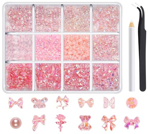 750pcs Aurora Bow Nail Charms,3D Bow Nail Charms,Nail Accessories,Nail Decorations for Nail Art,Pink Mix Styles Butterfly Bow Rose Bear Pearl for Nail Art Design Decorations Craft DIY