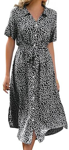 Livonmone Sommerkleid Damen Kurzarm Casual V-Ausschnitt Blumendruck Kleider Strandkleider Sexy Schlitz Midikleid Cocktailkleid Partykleid mit Gürtel (Schwarz, XXL)