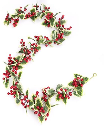 Guirnalda Navidad Bayas Rojas, 175cm Guirnalda Navideña de Frutos Rojos Artificiales, Escalera para Árbol de Navidad, Interior Exterior, Invierno, Decoraciones