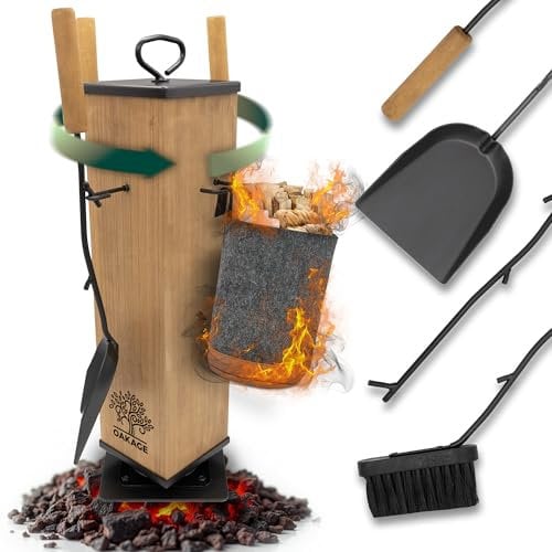 OAKAGE Kaminbesteck Modern [integrierer Holzkorb & drehbarem Kern] Hochwertiges Kaminzubehör mit Holzgriff | Kaminofen Besteck mit Kehrset & Schürhaken | Ofenbesteck Garnitur für Ofen & Kamin