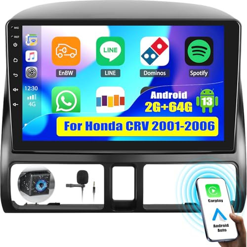 OiLiehu 2G+64G Radio Android 13 2 DIN Carplay Android Auto para Honda CRV 2001-2006 Autoradio con Pantalla Radio Coche 9 Pulgadas con Mirror Link/EQ/Bluetooth/SWC/FM RDS/WiFi/GPS/Cámara Marcha Atrás