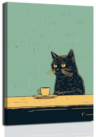 Lustige schwarze Katze, Wandkunst, niedliche Katzen mit Kaffee, Wanddekoration, Gemälde, eklektisches Tier-Meme, Leinwand-Poster, ästhetisch, skurriles Haustier-Kitty-Bild für Esszimmer, Café, Küche,