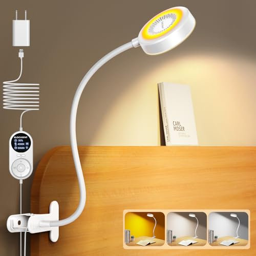 Glocusent Clip On Light, 72 LED Desk Lamp with 3 Colors & 5 Brightness, Flexible Clip on Lamp with Amber Night Light, 30/60-Min Timer, Eye Caring, for bed/Reading/Studying/Working (White with Adapter)
