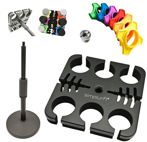 Multi Microphone Holder Cable Hanger & Organizer with Desktop Mic Stand - Square Tray Attachment holds up to 6 mics On Stage Organizer and Display - 6 Anti-roll Rings Included