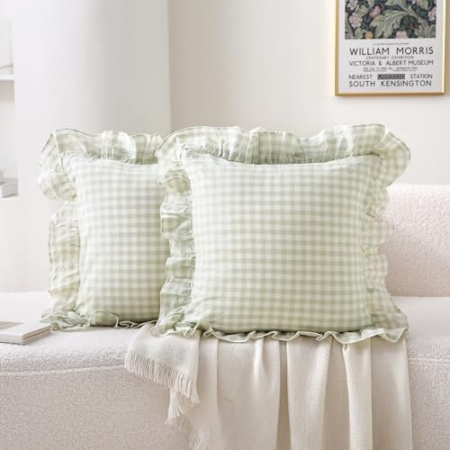 K MASANIJI Lendenkissenbezüge mit Rüschen, 45,7 x 45,7 cm, 100% Baumwolle, kariert, im Landhausstil, dekorative Kissenbezüge für Bett/Sofa, 2er-Pack (45,7 x 45,7 cm, grün/weiß kariert)
