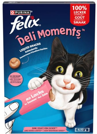 Felix Deli Moments – Flüssige Leckereien Katze mit Lachs – 4 Beutel à 10 g | Flüssige Leckereien für Katzen, Lachsgeschmack – cremige Textur zur Stärkung der Komplizität – für Katzen und Kätzchen