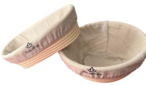 RoyalFay® Gärkörbchen-Set – 1 ovaler (28cm) + 1 runder (23cm) Gärkorb aus atmungsaktiven Natur-Rattan – mit Messer, Reinigungsbürste, Leinengärtuch, Ersatzklingen – Teigboxen, Teigruhe