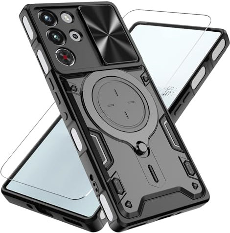 Handyhülle für ZTE Nubia Red Magic 10 Pro / 10 Pro+ Hülle mit 1 Stück Schutzfolie Kameraschutz Slide Camera Hybrid Stoßfest Schutzhülle 360°Metall Ring Ständer Case Militär Handy Cover (Schwarz)