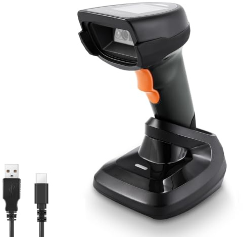 JRHC 1D Drahtloser Barcode-Scanner, Automatischer Barcode-Leser mit 1,8-Zoll-Display-Bildschirm, Wiederaufladbarer Handheld-Barcode-Leser mit 2,4G Drahtlosem Dongle Eingebaut in Base, Plug and Play