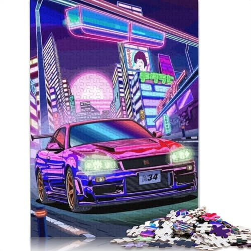 Neon City Skyline with Sports Car Puzzle 1000-teilige Schwer Puzzle Spielzeug Pädagogisches Spiel Impossible Herausforderungsspielzeug Für Erwachsene Und Kinder in Bewährter 1000pcs (75x50cm)