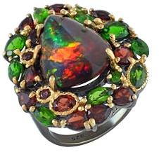 Ring aus 925er-Sterlingsilber, roter Feueropal, Chromdiopsid, Granat, schwarz, rhodiniert, vergoldet, Cabochon, facettierter Edelstein, Statement-Cocktailschmuck, 27 x 23 mm, 8,3 g, Ring SZ- U 1/2, 63