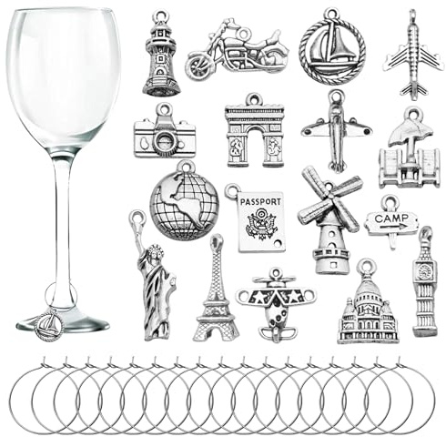 CNYMANY 17 pcs Wine Glass Charms, World Travel Themed Goblet Drink Markers Tags with Buckle Design for Wine Cocktail Champagne Tasting Party Favors Decoration Supplies Gifts