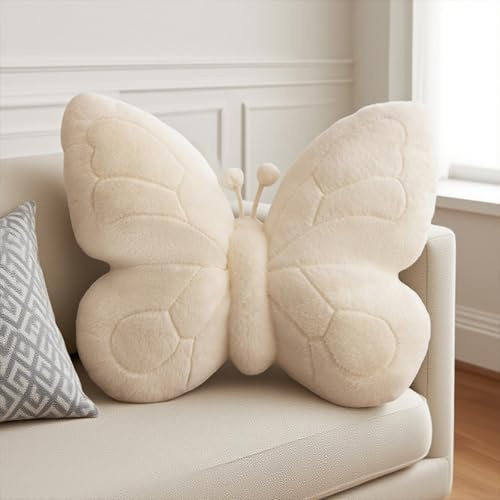 Ueiwffzo Schmetterling Kuschelkissen Kinder Butterfly Kissen, Weich Flauschige Aesthetic Plüschkissen, Kreative Sofakissen Zierkissen Deko Kissen für Mädchen Schlafzimmer Deko (Weiß)