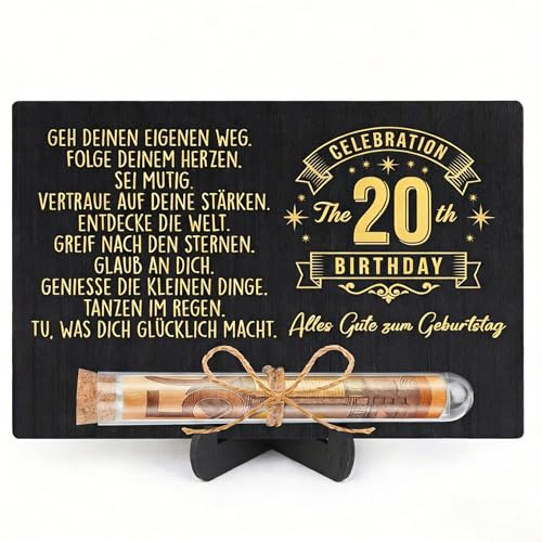 20.Holz Geburtstag Geschenk, 20. Geldgeschenke Geburtstag für Mädchen und Jungen, Schwarz-Gold Holzkarte Geburtsta g, Reagenzglas und Ständer, Alles Gute zum Geburtsta g, Geldgeschenke Verpackung