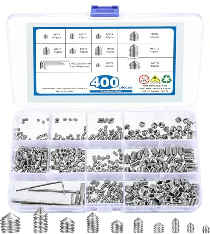 400 Pcs Grub Screw Set M3/M4/M5/M6/M8 Stainless Steel Taper Hex Socket Screws with Hex Key for Door Handles