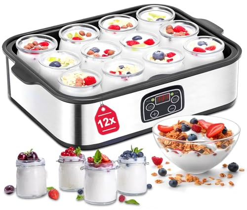 Joghurtbereiter 25W inkl 12 Glasbehälter à 180 ml Gesamtkapazität 2160 ml | Digitaler Yogurt Maker mit Temperatur und Timer Griechischer Joghurtmaschine mit LCD Display Perfekt für den Heim-Bio-Joghurt