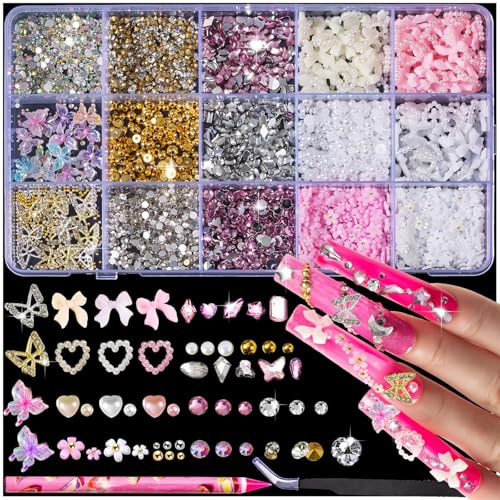 Dermalyx 10000 Pièces Rose Nœud Mignon Cœur 3D Fleurs Breloques, Papillon Doré Chunky Ornements, Bijoux Ongles Diamants Strass, Perles Pour Art Ongulaire