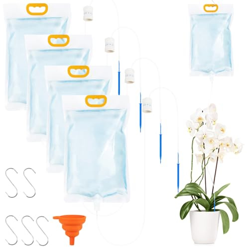 KASURE 5Pcs 3.5L Drip Irrigation Bags with Regulating Valve, Home Automatic Watering System, Plant Watering Devices, for Indoor and Outdoor Potted Plants, Includes 5 S hooks and Folding Funnel