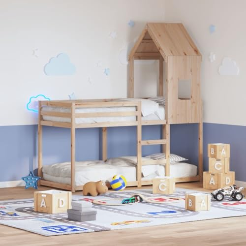 JHQHSM Massivholz Kiefer Etagenbett ohne Matratze 90x200 cm mit Dach und Sicherheitsleiste, Stauraum Lösung, Kompaktes Design für Zwei Einzelbette, Robustes Sperrholzlattenrost