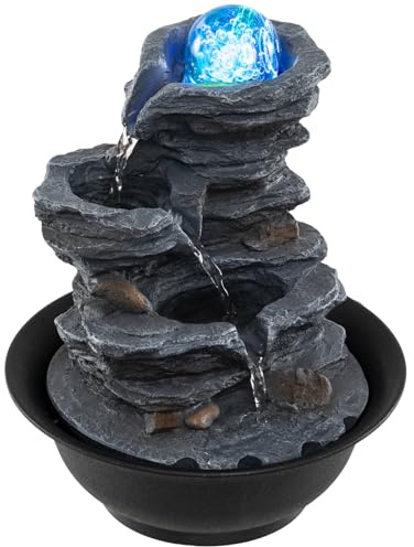 Giantex Tabletop Water Fountain with Rotating Crystal Ball & LED Lights, Tiered Rock Waterfall with Pump, Zen Meditation Desktop Decor for Office, Home Relaxation (Offset Stream)
