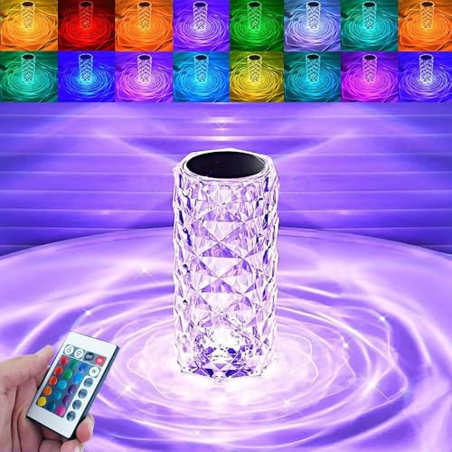 MIFKLMV Touch Control Crystal Table Lamp RGB 16 Colors Changing Lamp, Rechargeable Crystal Lamp, Rose Diamond Night Light, for Bedroom/Party/Dinner/Decoration (with Remote Control)