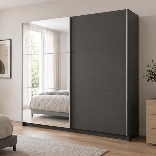 Home Collective Schwebetürenschrank Kleiderschrank Schrank mit Spiegel und Schiebetüren | viel Stauraum mit 5 Einlegeböden & Kleiderstange | modern Schlafzimmer Jugendzimmer Möbel | graphit mit Spiege