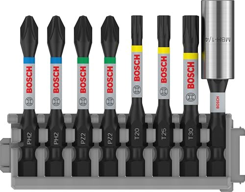 Bosch Professional 8 piezas, Juego de puntas de destornillador (control de impacto, puntas T/PZ/PH - Pick and Click), Cranberry, 25 mm