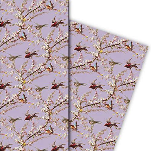 Kartenkaufrausch Frühlings Geschenkpapier, Dekorpapier, Musterpapier zum Einpacken mit Blüten und Vögeln für tolle Geschenk Verpackung, Designpapier, scrapbooking, 4 Bogen, 32 x 48cm, auf lila