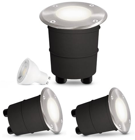 SSC-LUXon 3er Set MARNE LED Bodeneinbaustrahler Aussen rund IP67 - Bodenstrahler befahrbar & betretbar inkl. LED GU10 5W neutralweiß