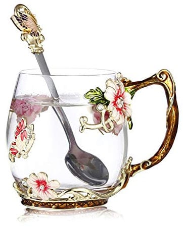 Luka Tech Handmade Enamel Butterfly Flower Glass Coffee Mugs Tea Cup with Spoon,Birthday Christmas Gifts for Her Women Mum Friends Teacher Valentines Mothers Day(Red)