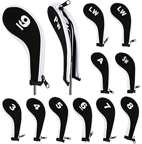 IGNPION Set of 12Number Print Golf Iron Head Cover Club Heads Protector Wedge Headcovers Long Neck with Zip (Black + White)