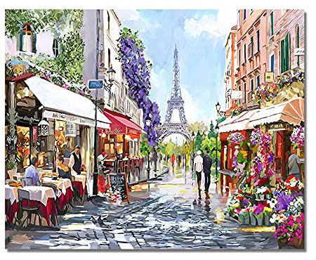 Lakabara Aquarell Blumen Cafe Straßenszene Landschaft Leinwand Malerei Paris Poster und Drucke Modernes Wandbild für Wohnzimmer Dekor 70x100cm Rahmenlos