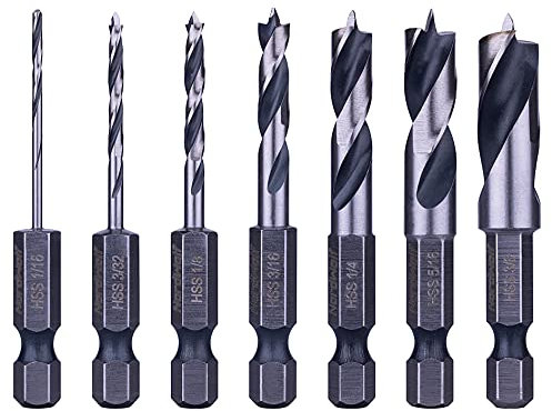 NordWolf 7-Piece HSS Brad Point Stubby Wood Drill Bit Set, with 1/4 Hex Shank for Carpenter Woodworking, SAE Sizes 1/16-3/32-1/8-3/16-1/4-5/16-3/8