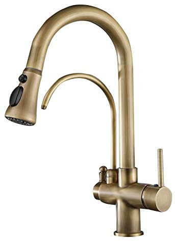 3 Way Kitchen Tap Antique with Pull Out Spray Brass Swivel 3 Way Kitchen Taps A