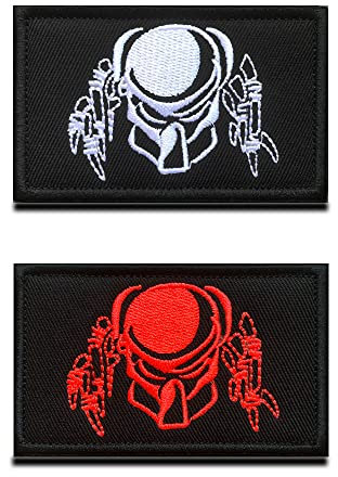 2 Stück Militärische taktische Patches für Film Predator Totenschädel-Kopf-Alien Stickerei Lustige Moral Emblem-Tags Patch kompatibel mit Klett für Indoor Collect oder Outdoor-Aktivität