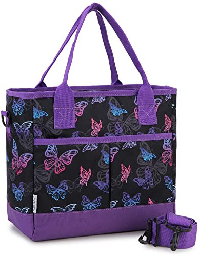 Large Lunch Bag for Women, Insulated Reusable Cooler Bag Thermal Tote Lunch Bag with Detachable Strap for Work Travel School(Purple Butterfly)