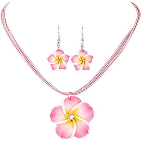 OAIEU Bohème Élégant Fleur Pendentif Collier Dangle Boucles d'oreilles Ensemble De Bijoux De Déclaration Douce Ensemble pour Femmes Filles (Rose)