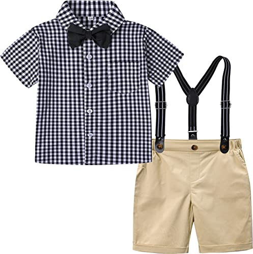 mintgreen Baby Jungen Anzüge, Kinder Solide Hemd Hose Zeremonie Outfit Sommer Geburtstag Kleider mit Straps, Khaki Plaid, 4-5 Jahre, 120