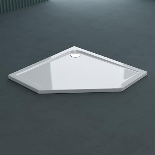 doporro Plato de Ducha Plano 80x80x4 cm Pentagonal en Acrílico Blanco, Ideal para Instalación a Nivel del Suelo y Conexiones DIN Faro5W
