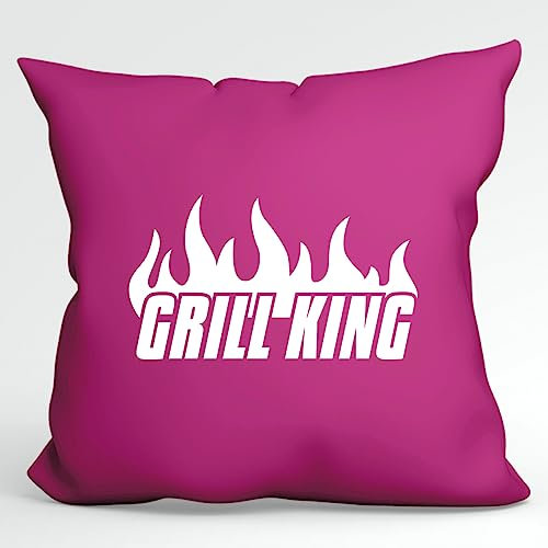 HUURAA Kissen Grill King Flammen Deko Kopfkissen mit Füllung 40x40cm Größe Fuchsia mit Motiv für alle Grillmeister Geschenk Idee für Freunde und Familie