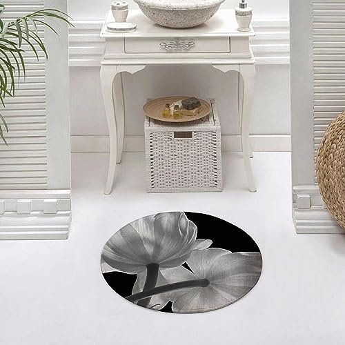 Runder Waschbare rutschfeste Badezimmer Teppich Tulpenblumen Schwarz Weiß Rund Klein Badematte 60 cm,Teppiche für Eingangsbereich Innen Dusche Zimmer Kinderzimmer Schlafzimmer