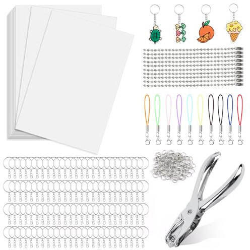 VMUTGA 246 Stück Schrumpffolie Set, 25 Blätter Schrumpfpapier Durchscheinend Schrumpffolie Basteln Set mit Locher Schlüsselanhänger Perlenkette Karabinerverschluss für DIY Basteleien Dekorationen