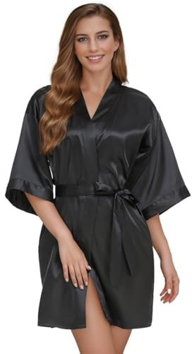flintronic Women's Satin Kimono Robe, Lightweight Luxury Dressing Gown, Short Nightdress Bridal Robe with 3/4 Sleeve, Dressing Gown with Oblique V-Neck, for Spa/Hotel/Loungewear Sleepwear, Black, M