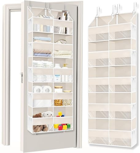Over the Door Organiser with 5 Tiers and 10 Compartments, Extra Large Hanging Door Storage with 4 Hooks, 36kg Weight Capacity, Bedroom Wardrobe or Nursery Nappy & Toy Storage – Beige